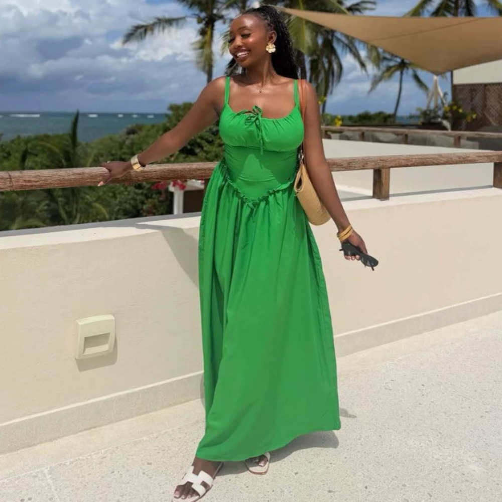Elegant Solid Color High Waist Spaghetti Strap Maxi Dress Resort Style